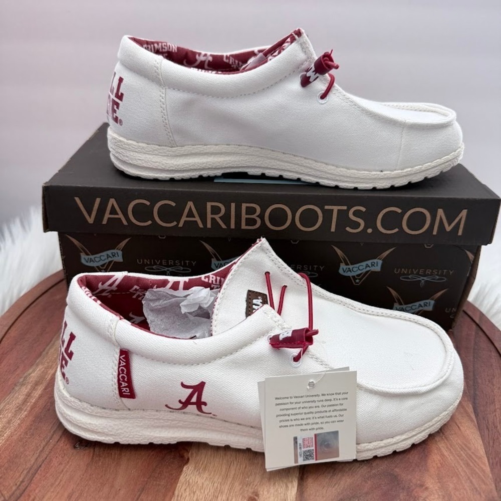 Vaccari Alabama Size 7 Crimson Tide Roll Tide White Canvas Loafers Shoes Womens